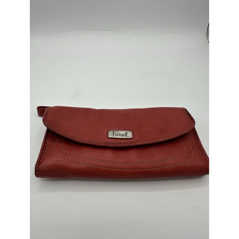 Fossil Red Leather Clutch Wallet Wristlet Organizer Women's Snap Zip - Picture 2 of 10